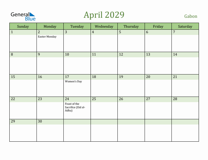 April 2029 Calendar with Gabon Holidays