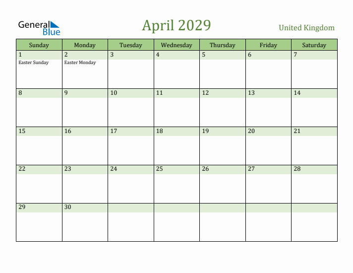 April 2029 Calendar with United Kingdom Holidays