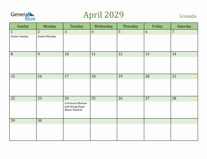 April 2029 Calendar with Grenada Holidays