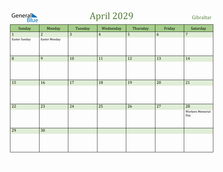 April 2029 Calendar with Gibraltar Holidays