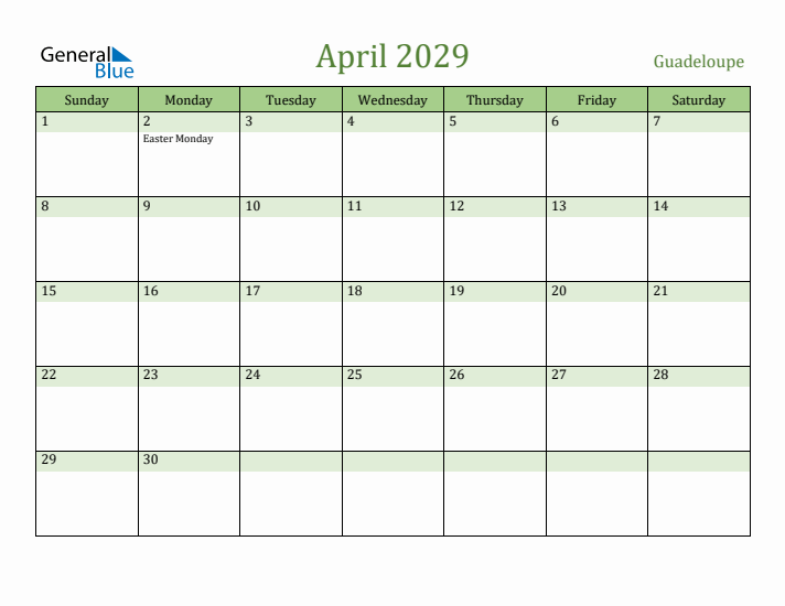 April 2029 Calendar with Guadeloupe Holidays