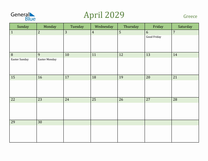 April 2029 Calendar with Greece Holidays
