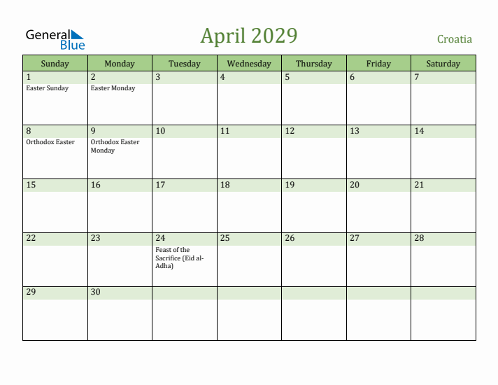 April 2029 Calendar with Croatia Holidays