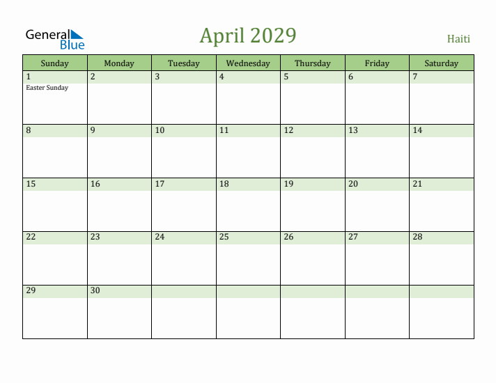 April 2029 Calendar with Haiti Holidays