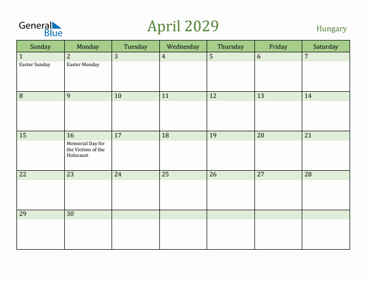 April 2029 Calendar with Hungary Holidays