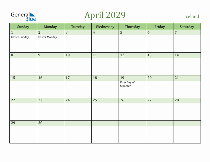 April 2029 Calendar with Iceland Holidays