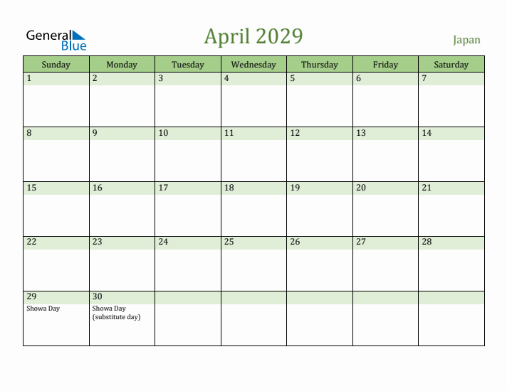 April 2029 Calendar with Japan Holidays