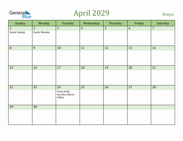 April 2029 Calendar with Kenya Holidays