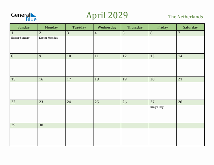 April 2029 Calendar with The Netherlands Holidays