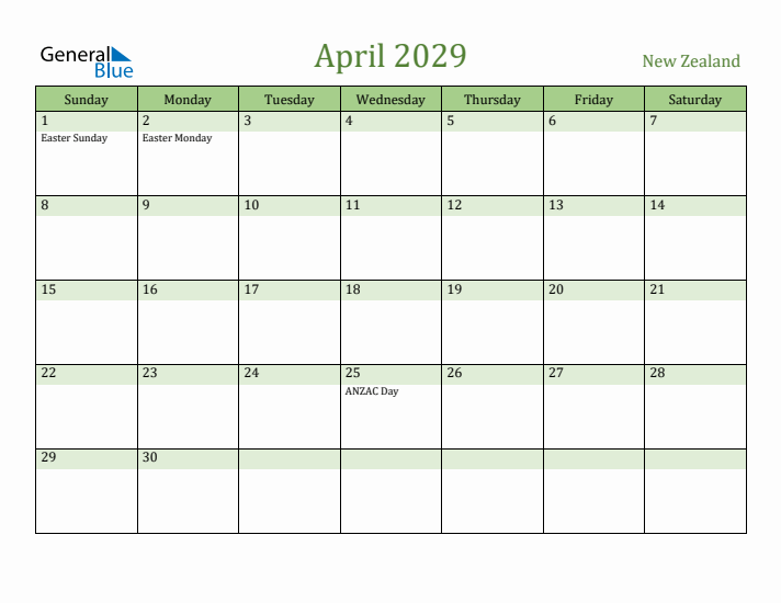 April 2029 Calendar with New Zealand Holidays