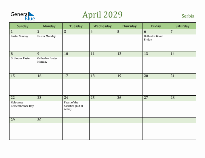 April 2029 Calendar with Serbia Holidays