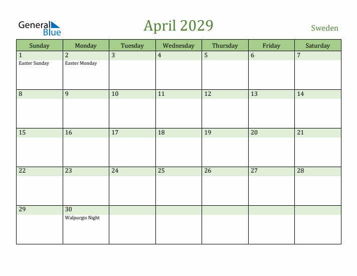 April 2029 Calendar with Sweden Holidays