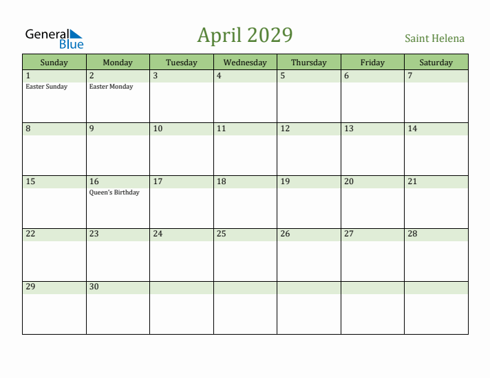 April 2029 Calendar with Saint Helena Holidays