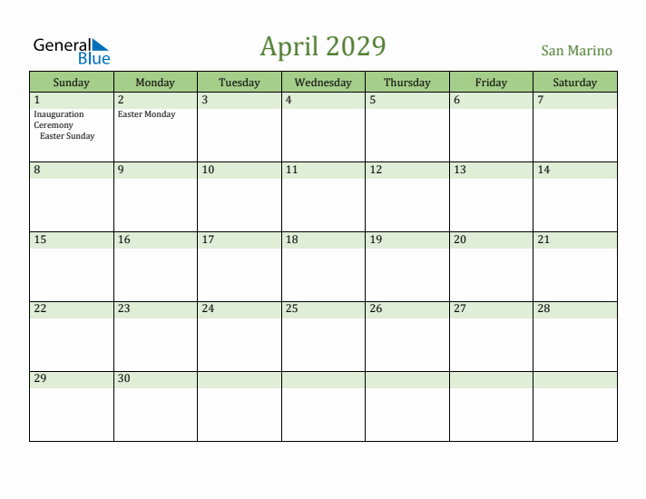 April 2029 Calendar with San Marino Holidays