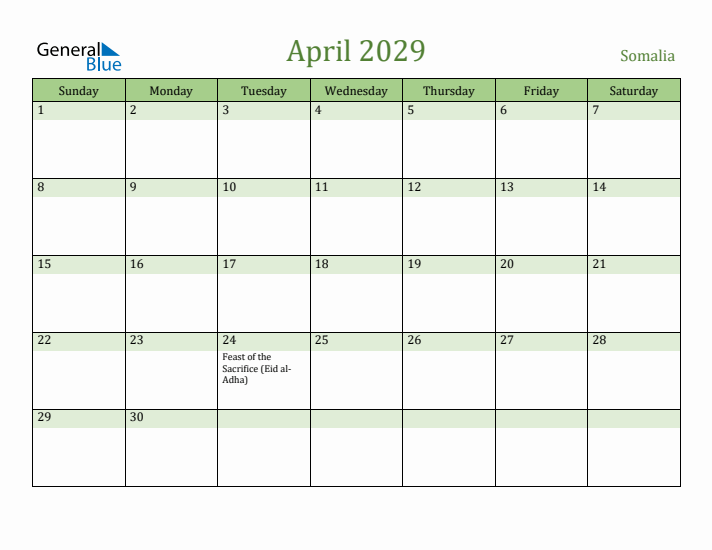 April 2029 Calendar with Somalia Holidays