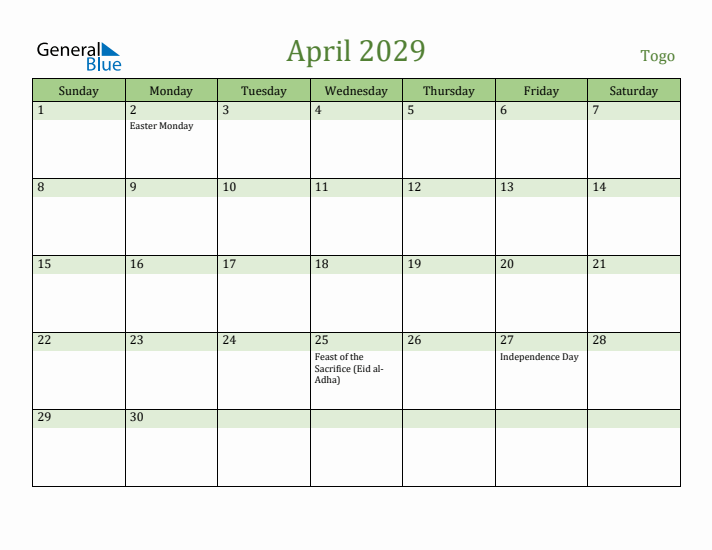 April 2029 Calendar with Togo Holidays