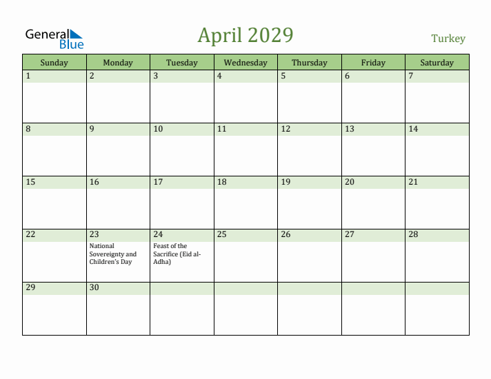April 2029 Calendar with Turkey Holidays