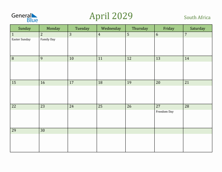April 2029 Calendar with South Africa Holidays