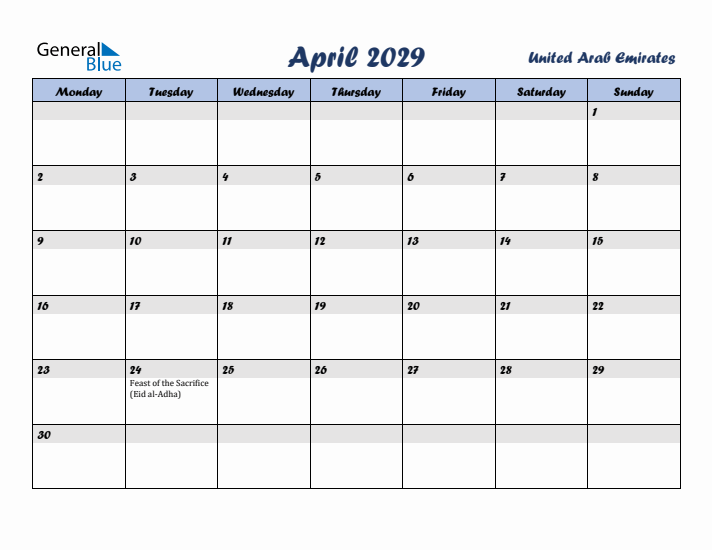 April 2029 Calendar with Holidays in United Arab Emirates