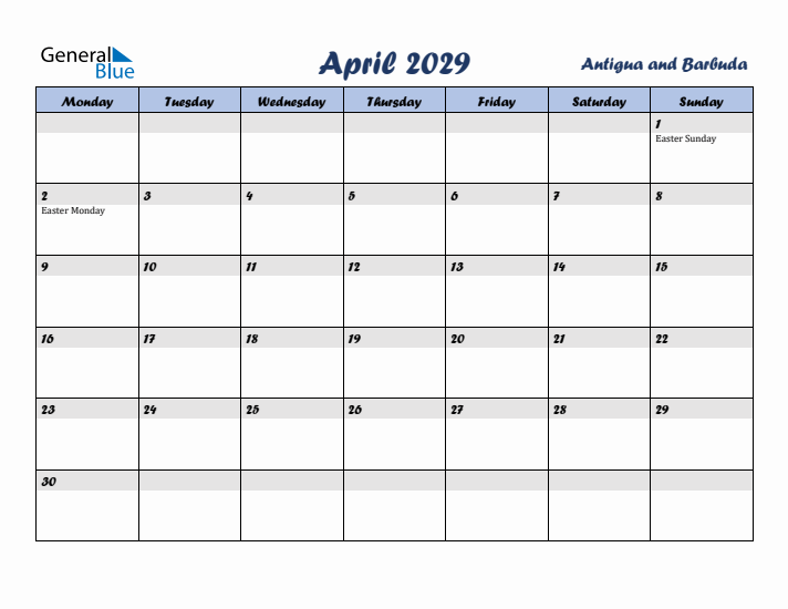 April 2029 Calendar with Holidays in Antigua and Barbuda