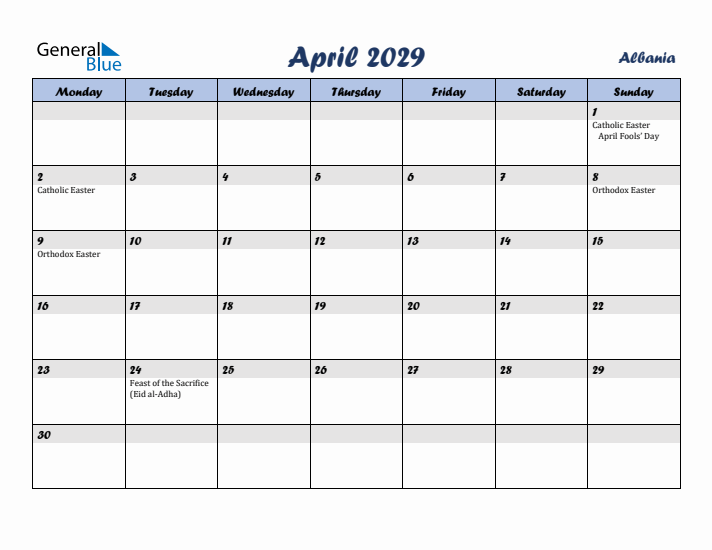 April 2029 Calendar with Holidays in Albania