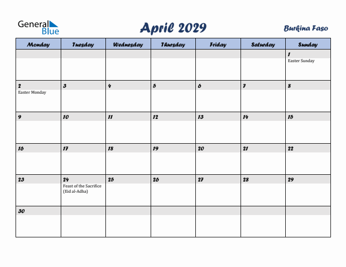 April 2029 Calendar with Holidays in Burkina Faso