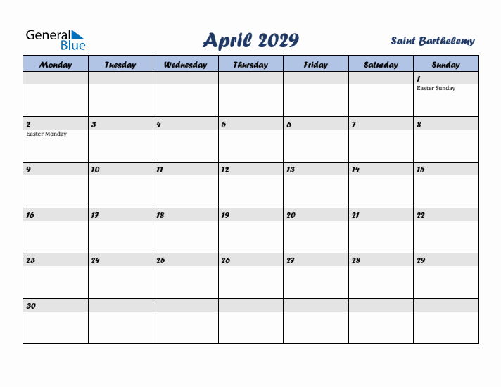 April 2029 Calendar with Holidays in Saint Barthelemy