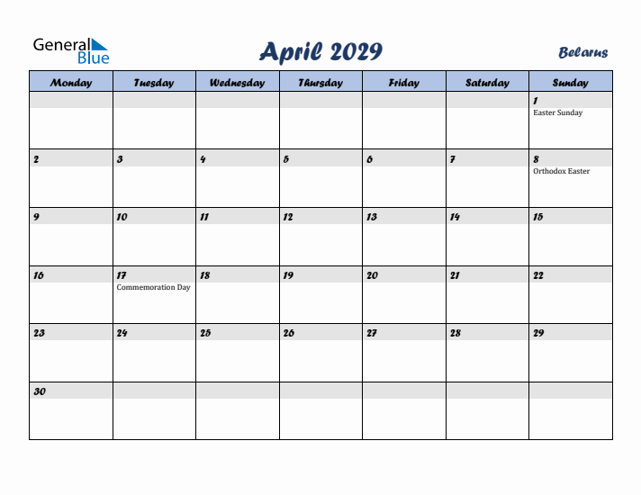 April 2029 Calendar with Holidays in Belarus