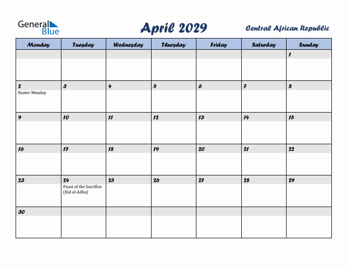 April 2029 Calendar with Holidays in Central African Republic