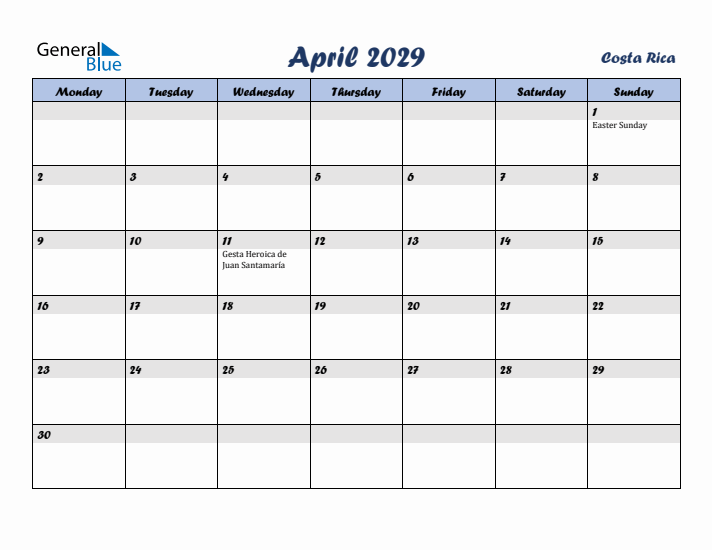 April 2029 Calendar with Holidays in Costa Rica
