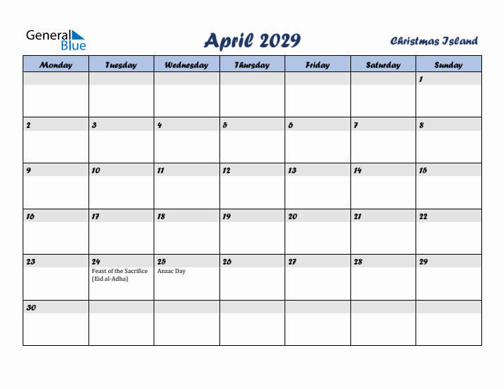April 2029 Calendar with Holidays in Christmas Island