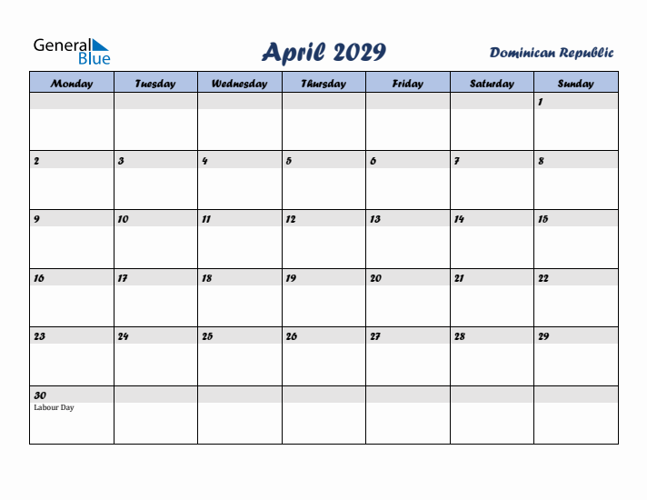 April 2029 Calendar with Holidays in Dominican Republic