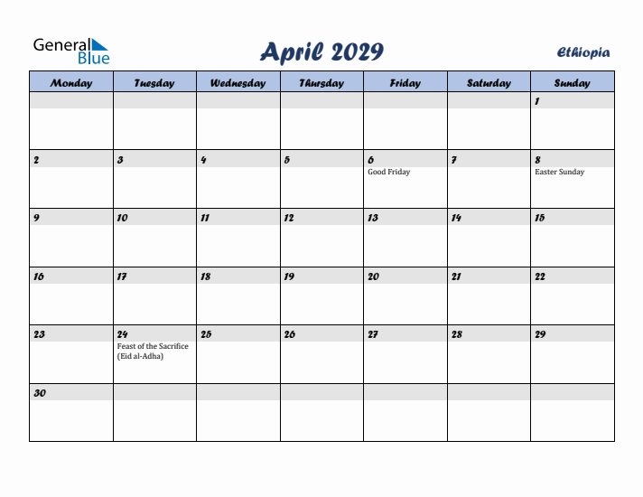 April 2029 Calendar with Holidays in Ethiopia