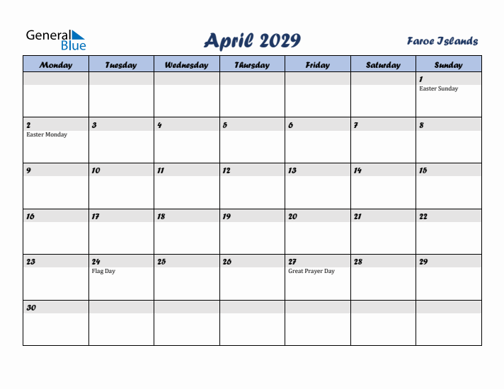 April 2029 Calendar with Holidays in Faroe Islands