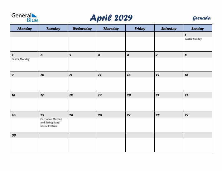 April 2029 Calendar with Holidays in Grenada