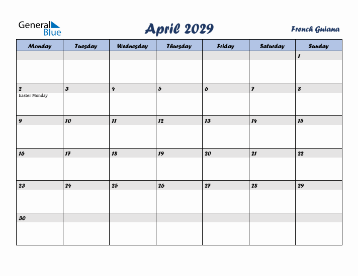 April 2029 Calendar with Holidays in French Guiana