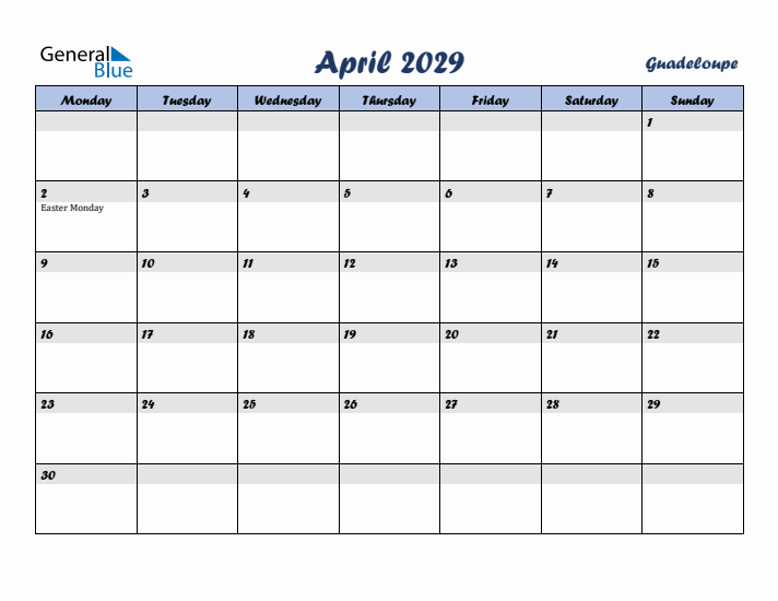 April 2029 Calendar with Holidays in Guadeloupe