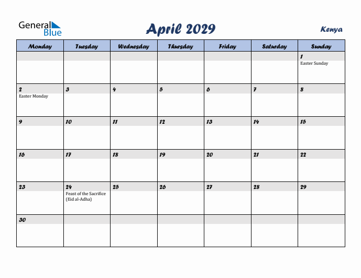 April 2029 Calendar with Holidays in Kenya