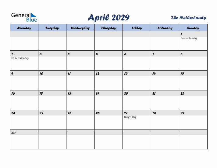 April 2029 Calendar with Holidays in The Netherlands