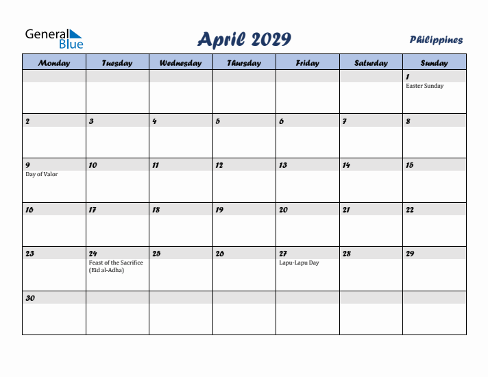 April 2029 Calendar with Holidays in Philippines