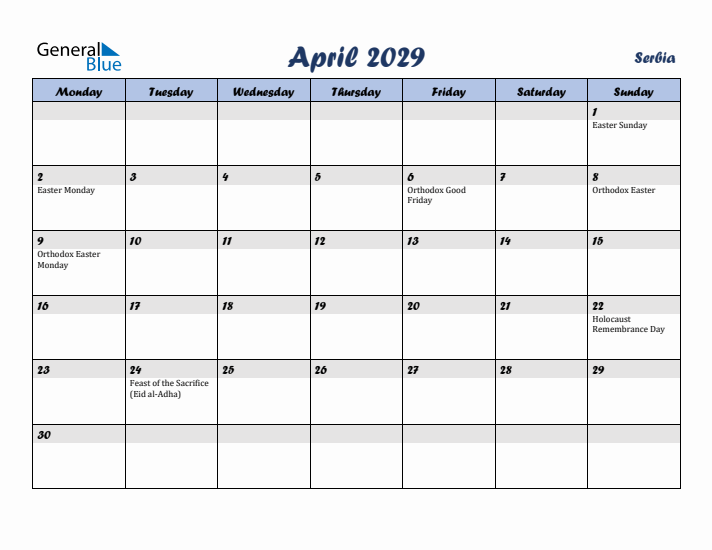 April 2029 Calendar with Holidays in Serbia