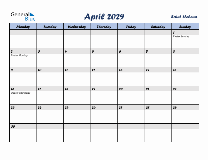 April 2029 Calendar with Holidays in Saint Helena