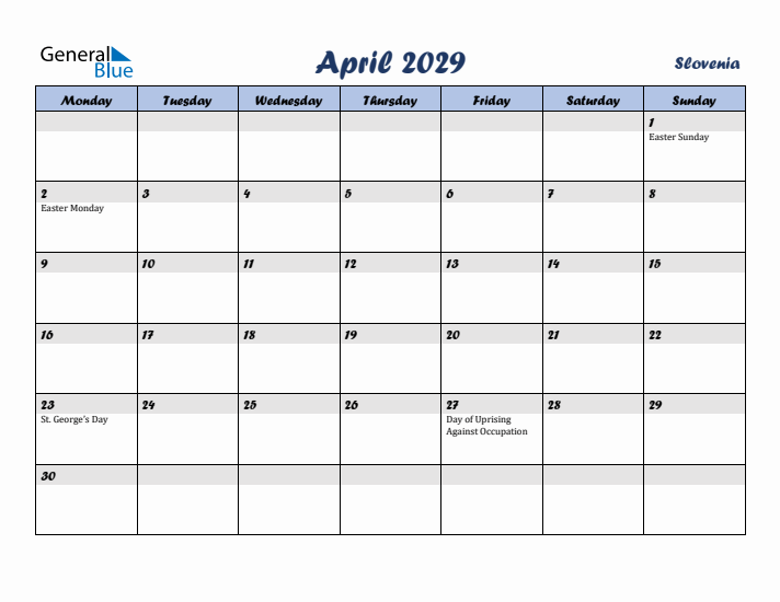 April 2029 Calendar with Holidays in Slovenia