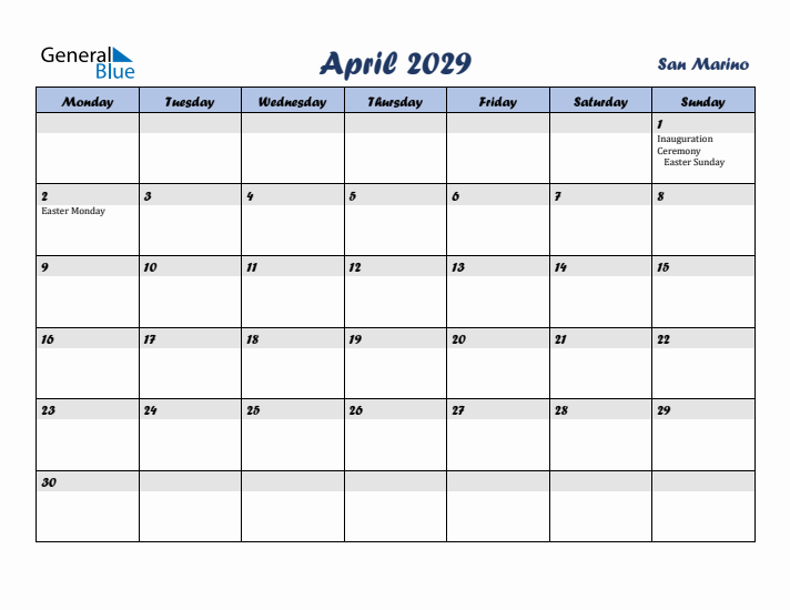 April 2029 Calendar with Holidays in San Marino