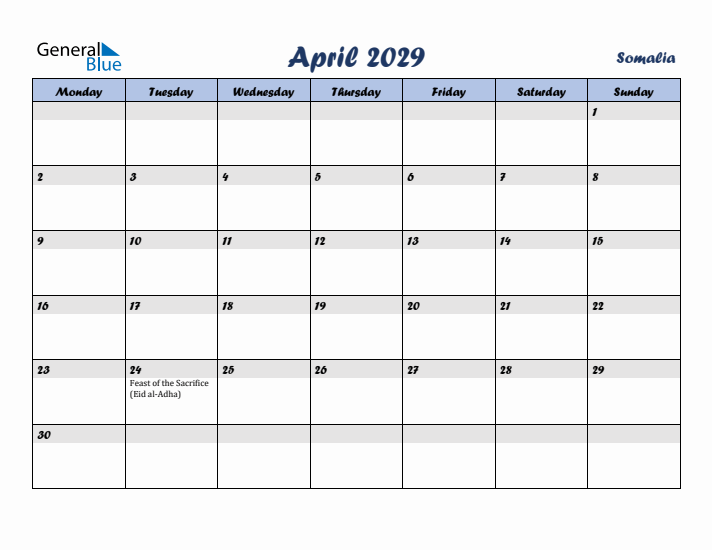 April 2029 Calendar with Holidays in Somalia