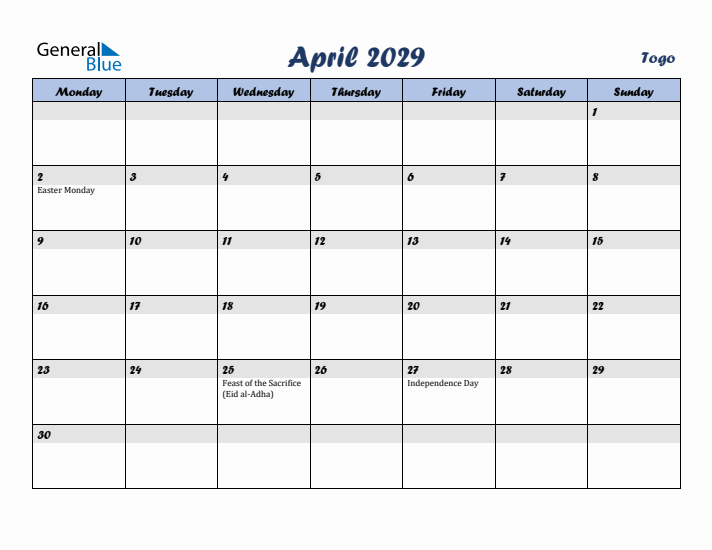 April 2029 Calendar with Holidays in Togo