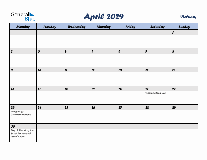 April 2029 Calendar with Holidays in Vietnam