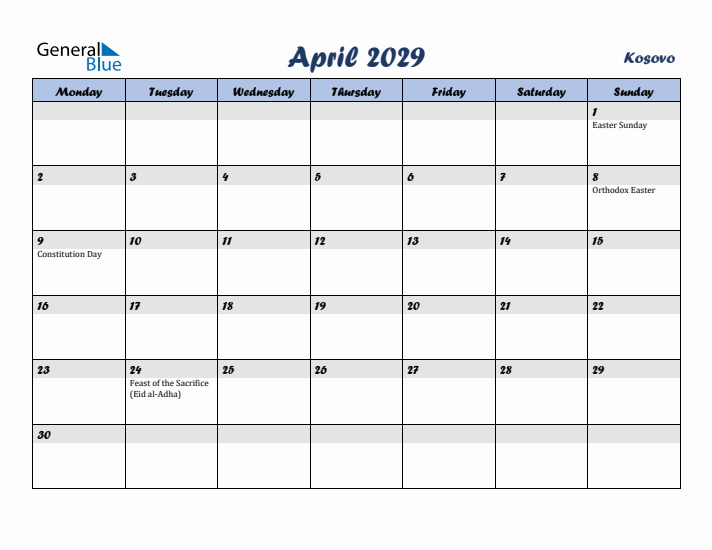 April 2029 Calendar with Holidays in Kosovo