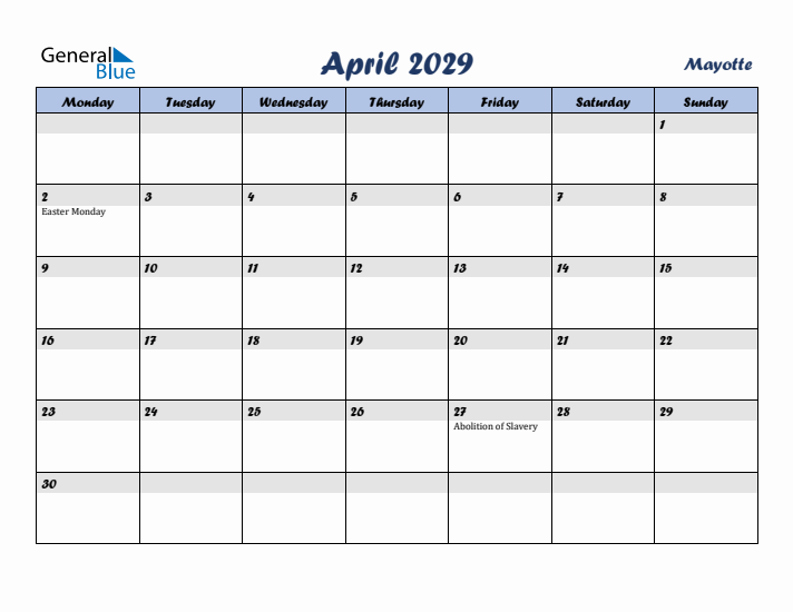 April 2029 Calendar with Holidays in Mayotte