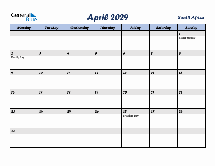 April 2029 Calendar with Holidays in South Africa